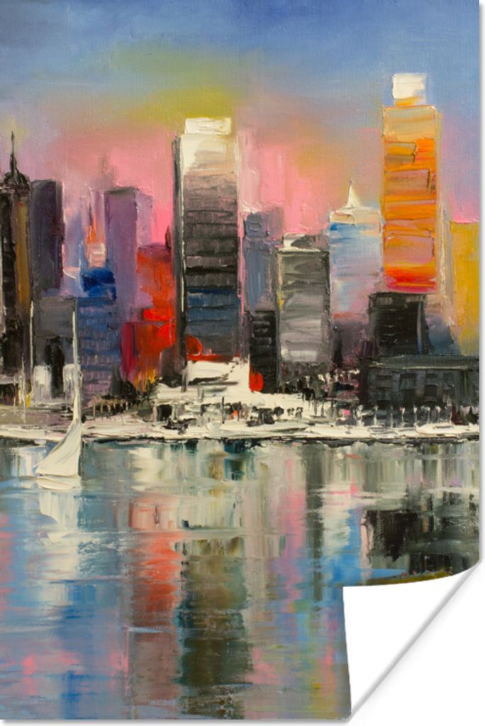 MuchoWow Poster Gemälde - Öl - Skyline - Wasser 40x60 cm - Plakate für die Wand - Poster Babyzimmer