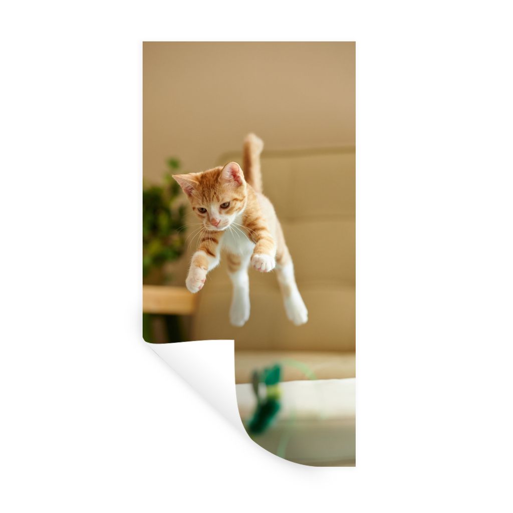 MuchoWow Wandtattoo Wandsticker Wandaufkleber Katze - Springen - Spielzeug 60x120 cm Selbstklebend und Repositionierbar - Selbstklebend - Fototap...