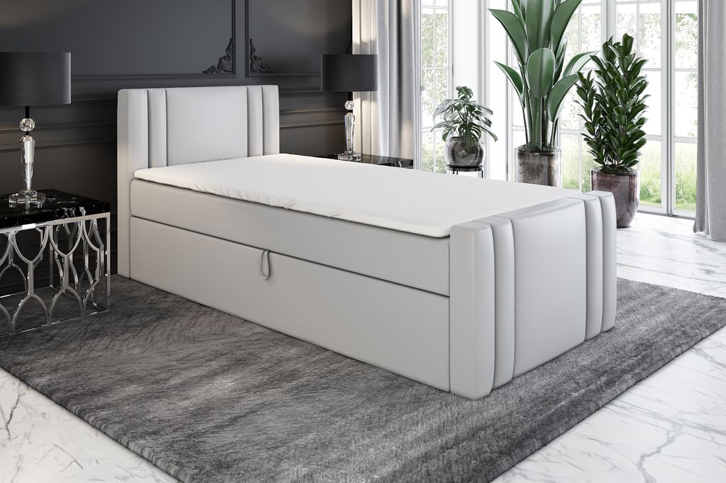 Boxspringbett, Jugendbett KLAUS 80x200 (Rechts) mit Bettkästen, Bonell-Matratze und Topper. Farbe: Grau.