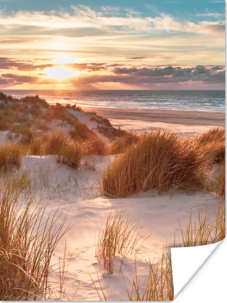 MuchoWow Poster Düne - Pflanzen - Sonnenuntergang - Strand - Meer 60x80 cm - Schlafzimmer Dekoration