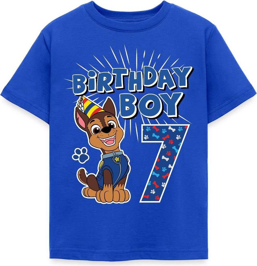 Spreadshirt Paw Patrol Geschenk 7 Jahre Alt 7. Geburtstag Chase Kinder T-Shirt, 122/128 (7-8 Jahre), Royalblau
