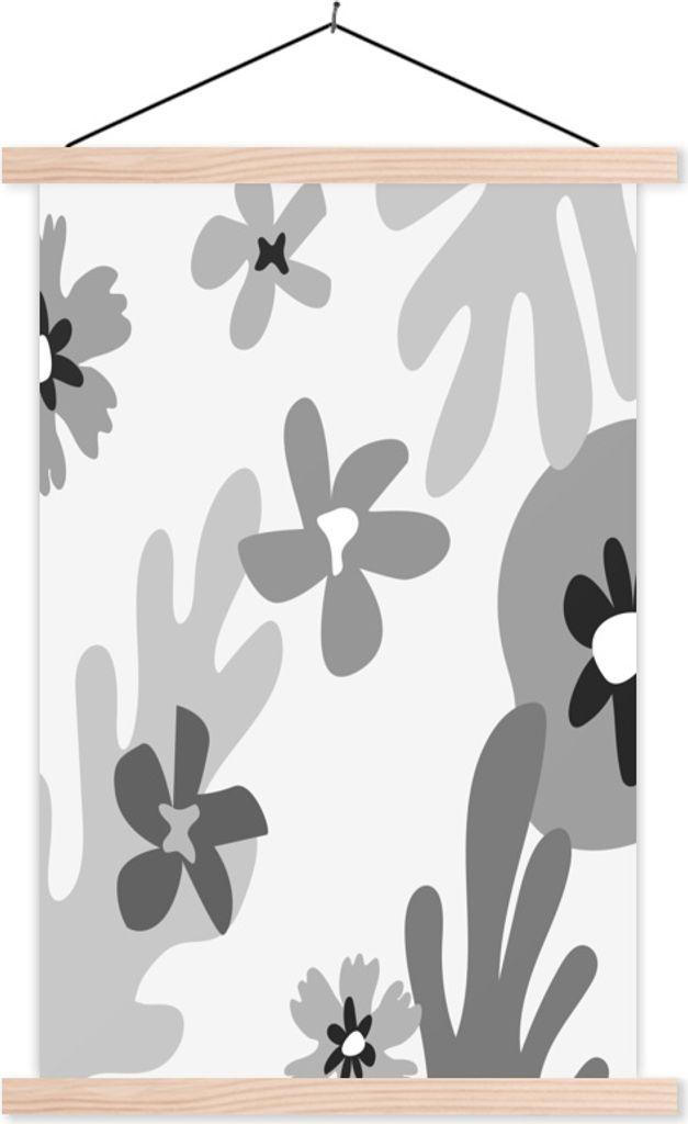 MuchoWow Textilposter Hintergrund - Blumen - Schwarz - Weiß 60x90 cm mit holzfarbenen Rahmen - Textil