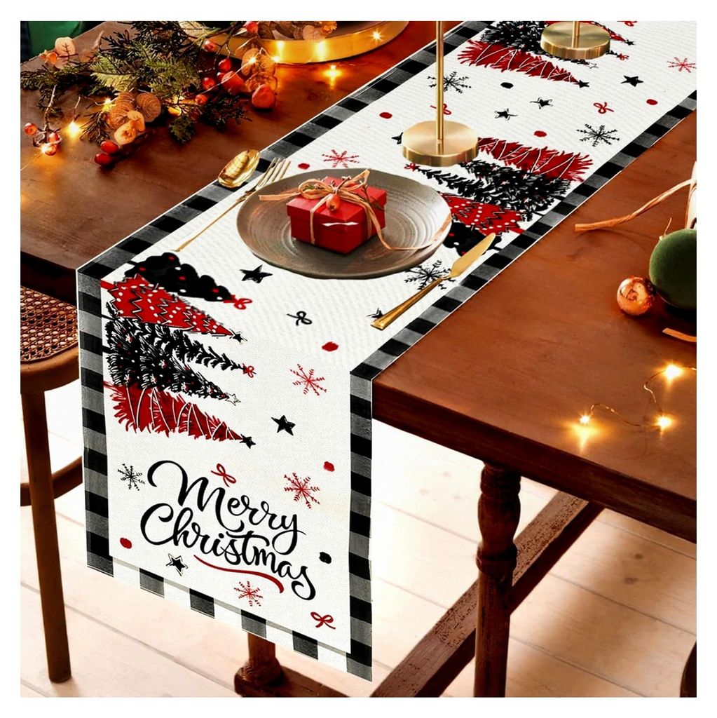 Weihnachtstischläufer, 33x180 cm Tischdecke für die Weihnachtsdekoration, moderner Tischläufer mit Weihnachtsbäumen und Schneeflocken, Tischdec...