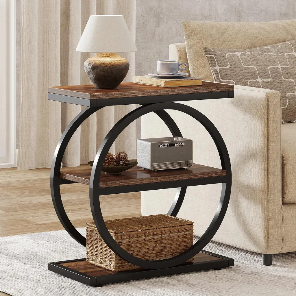 Table d'appoint rétro industrielle 3 niveaux bois métal vert clair