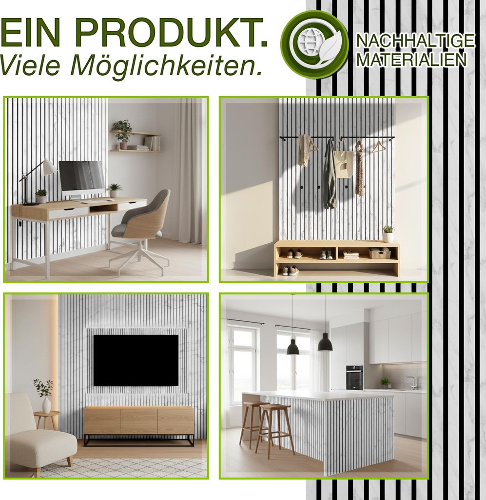 Pannelli Acustici In Legno TRESKO - 2 Pezzi 120x60 Cm, Effetto 3D Bianco/Marmo, Con Ganci Per Appendere