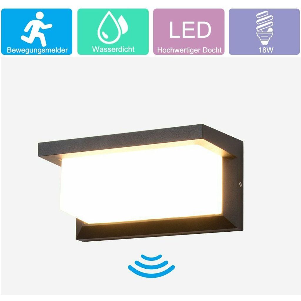 18W LED Außenleuchte mit Bewegungsmelder Wand-Lampe Wandleuchte Sensor Warmweiß