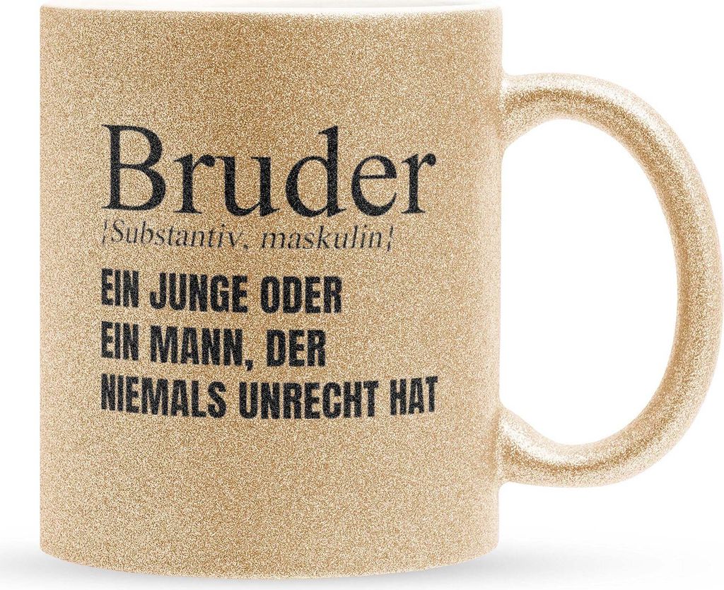 22Feels Glitzertasse Gold Bruder Geschenk Geburtstag Weihnachten Geschwister Jungs Männer Haferl Teenager Bruderherz Geschenkidee Bürotasse