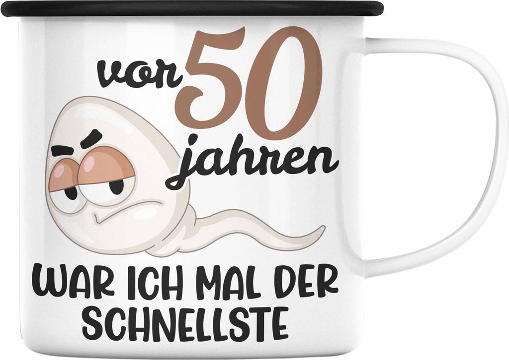 Trendation - 50. Geburtstag Emaille Tasse Mann Geschenk 50er Geschenkidee 50 Vater Männer Lustig Geschenke 50 Jahre Alt Mann Männer Vater (Schwarz)