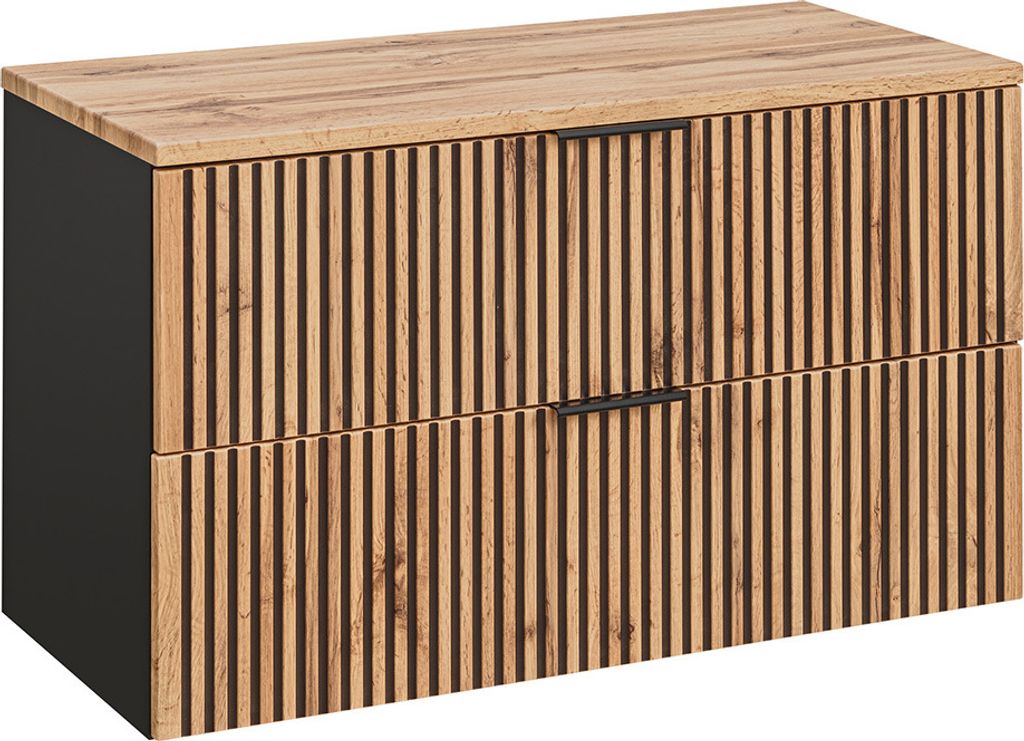 Waschtischunterschrank 100 cm für Aufsatzwaschbecken XANTEN-56 in anthrazit mit Eiche Nb. schwarz gerillt, B/H/T: ca. 100,6/59,2/46,5 cm