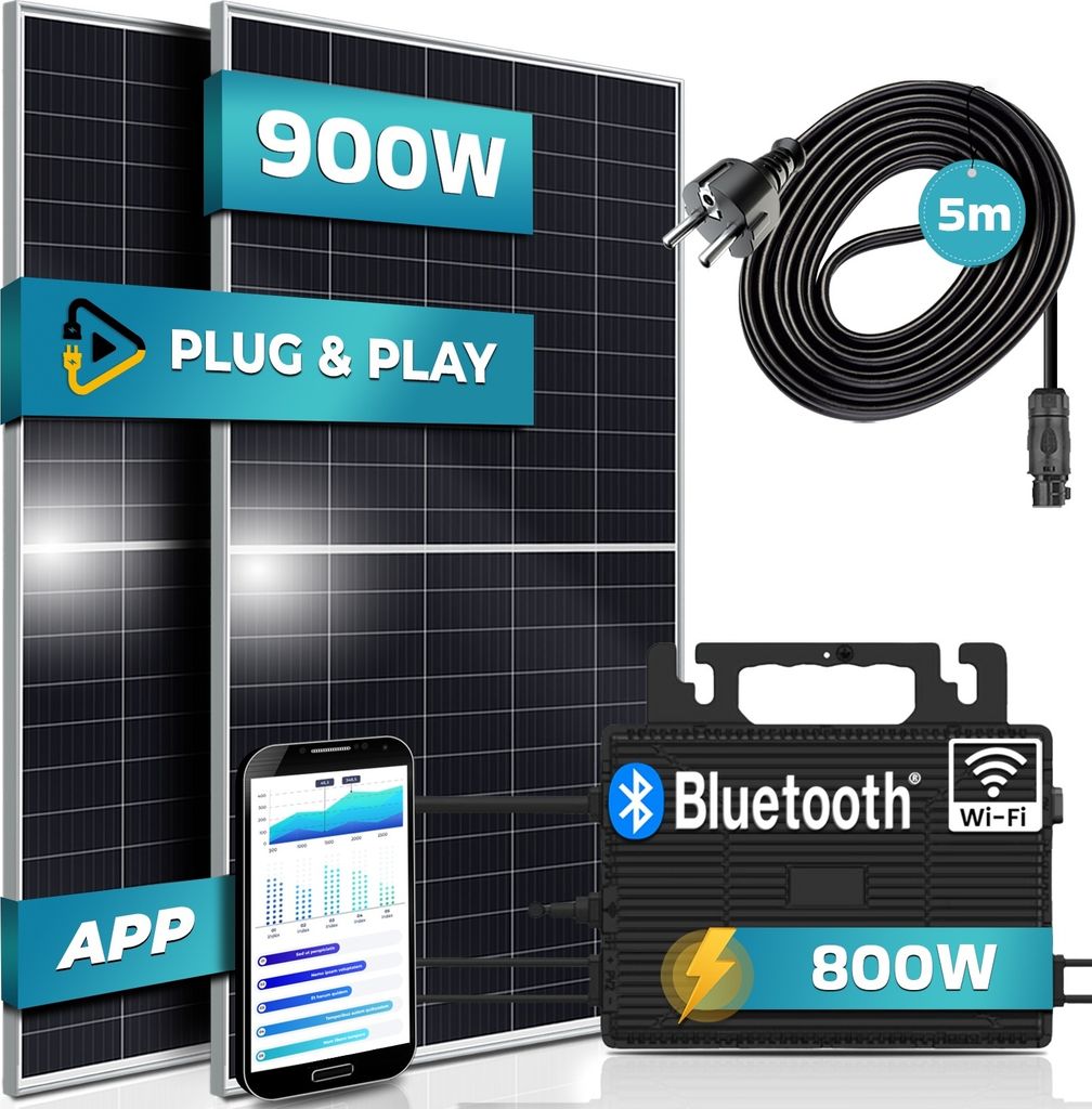 SUNNIVA 900W Balkonkraftwerk komplett Steckdose - ASTRO-ENERGY 800W Wechselrichter - PV Solaranlage, 2x 450W Solarmodule, 5m Kabel - Bluetooth WIFI