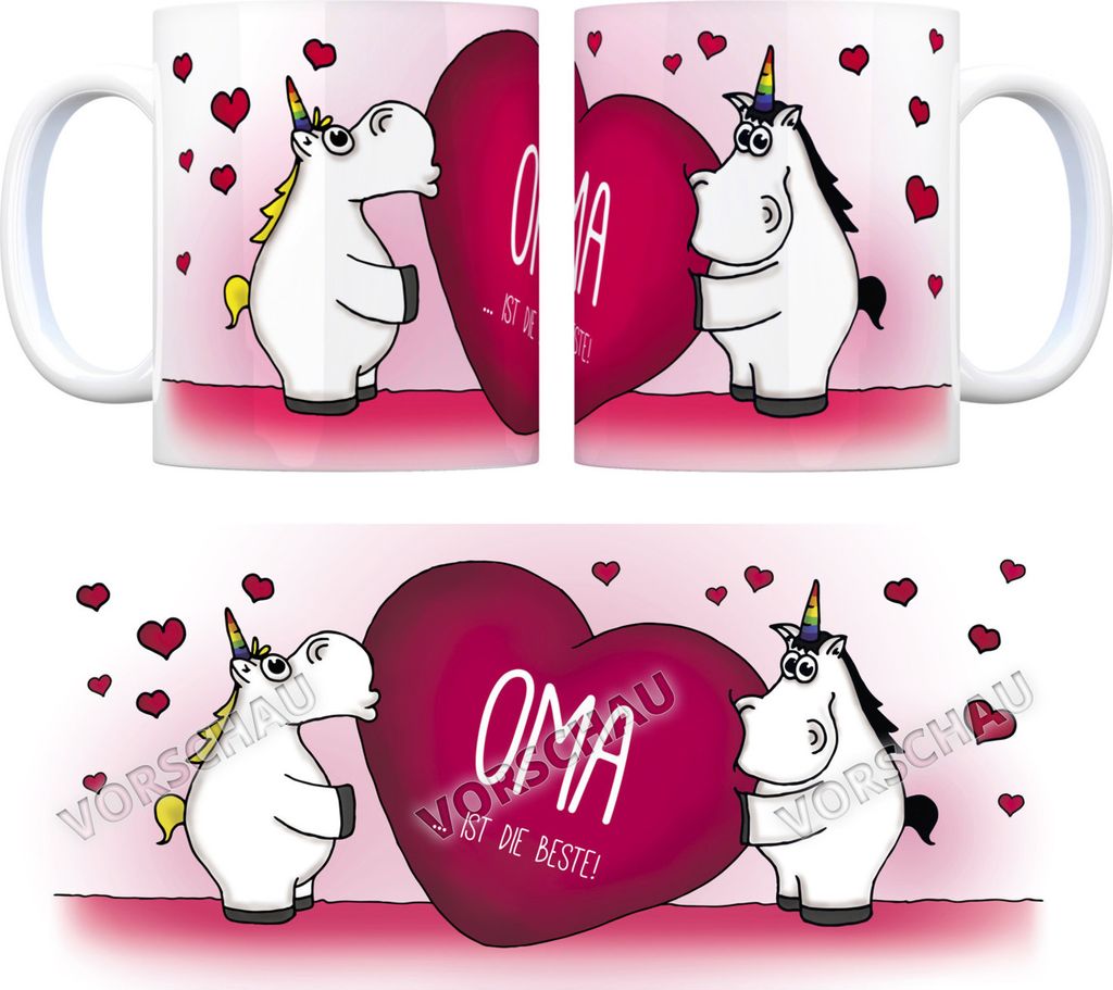 Einhorn Kaffeebecher mit Herz Motiv und Spruch: Oma ... Tasse Kaffeetasse Büro