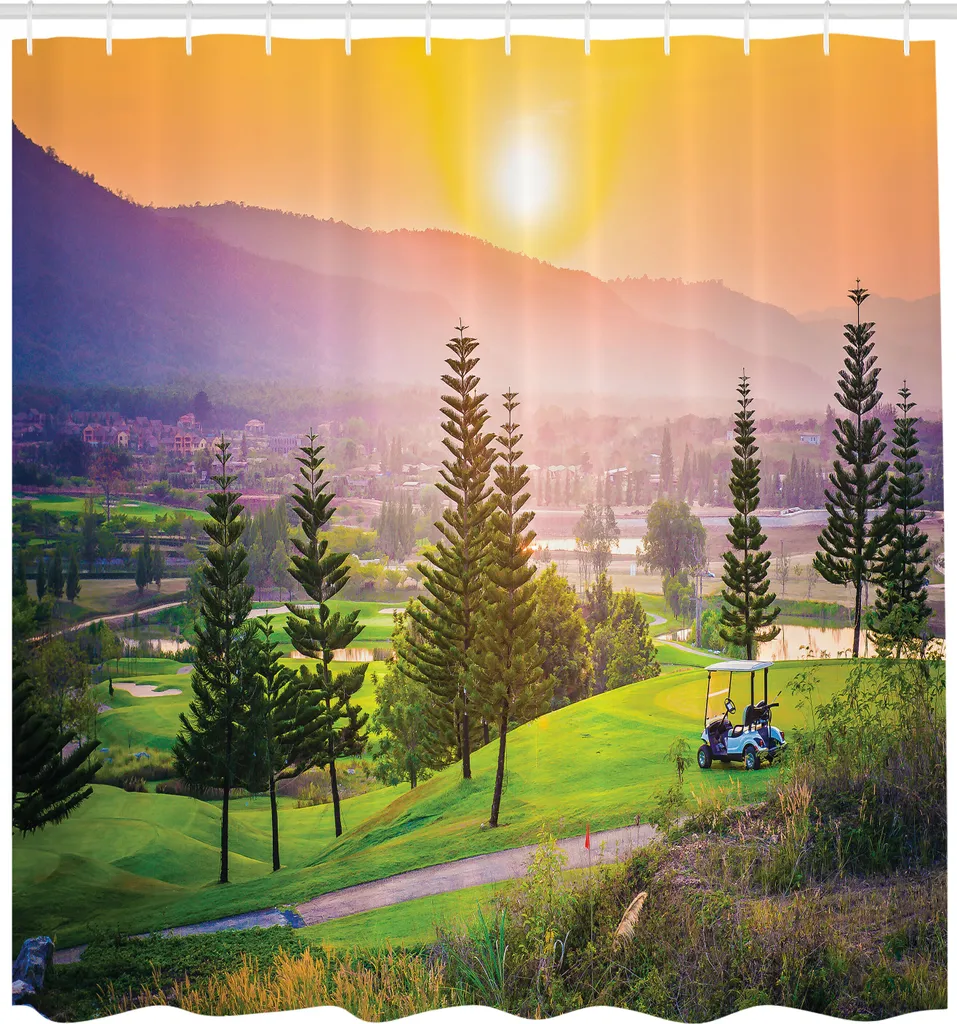 ABAKUHAUS Tenda da doccia naturale, Golf Resort Park in primavera con alberi, tramonto sulle colline e valle alla fine della giornata, tessuto, set decorativo per bagno con ganci, 175x200 cm, multicolore