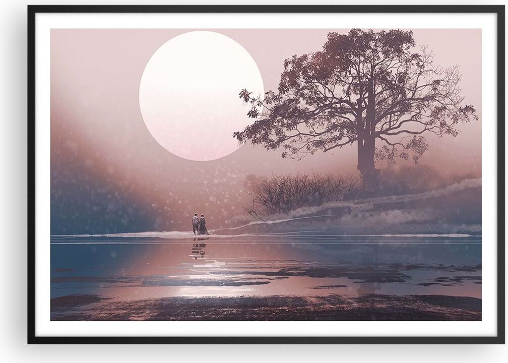 Gerahmtes Poster - Schwarzer Rahmen - Mond Paar Baum - 100x70 cm - Wand Bild - Wanddeko - Wandbilder - Kunstposter - Wandposter - Bilderrahmen - Bi...
