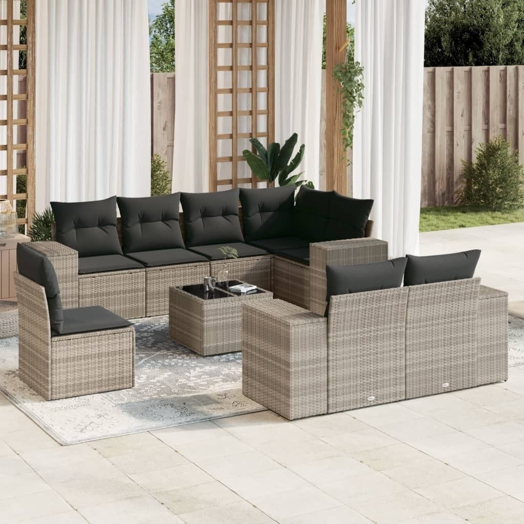 "2026 Promotion" 9-tlg. Garten-Sofagarnitur/Terrassenmöbel - mit Kissen - Hellgrau Poly Rattan - Gartenmöbelset CC12767