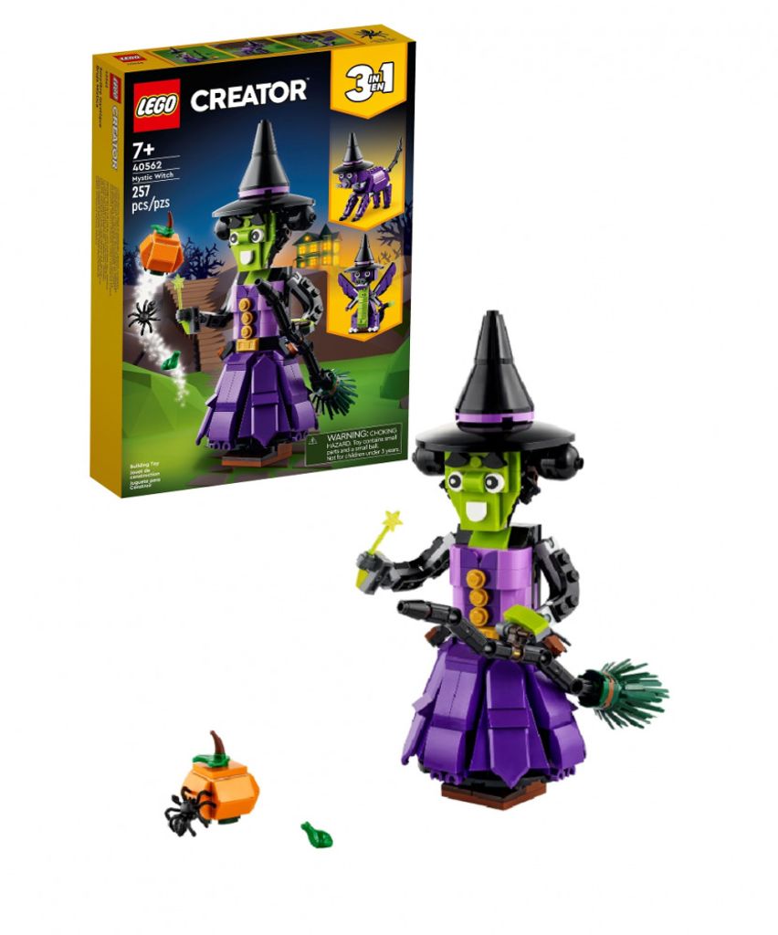 A LEGO Creator 3-in-1 Mysterious Witch set is shown, with the box and the assembled witch figure.