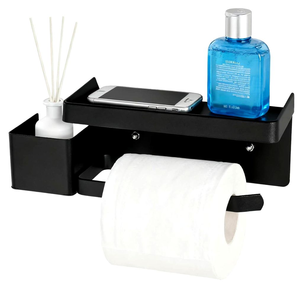 Toilettenpapierhalter ohne Bohren, selbstklebend, schwarz mit Aromatherapie-Aufbewahrungsregal
