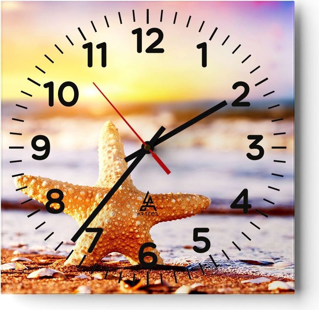 Wanduhr - Quadrat - Glasuhr - Starfish Strand Sand Ozean - 40x40cm - Schleichendes Uhrwerk - Lautlos - zum Aufhängen bereit - Dekoration Modern - ...