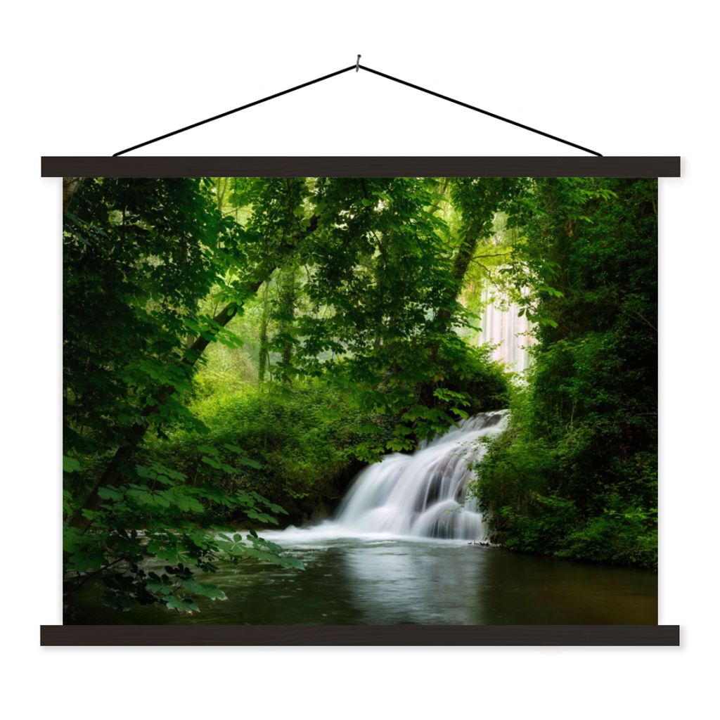 MuchoWow Textilposter Wasserfall - Natur - Grün 120x90 cm mit schwarzem Rahmen - Aufhänger für Poster