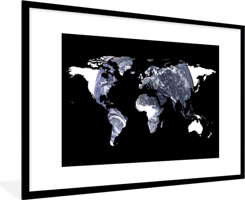 MuchoWow MuchoWow Gerahmtes Poster Weltkarte - Schwarz - Weiß - Globus 90x60 cm - Poster mit zchwarzem Bilderrahmen - Wanddekoration - Fotos