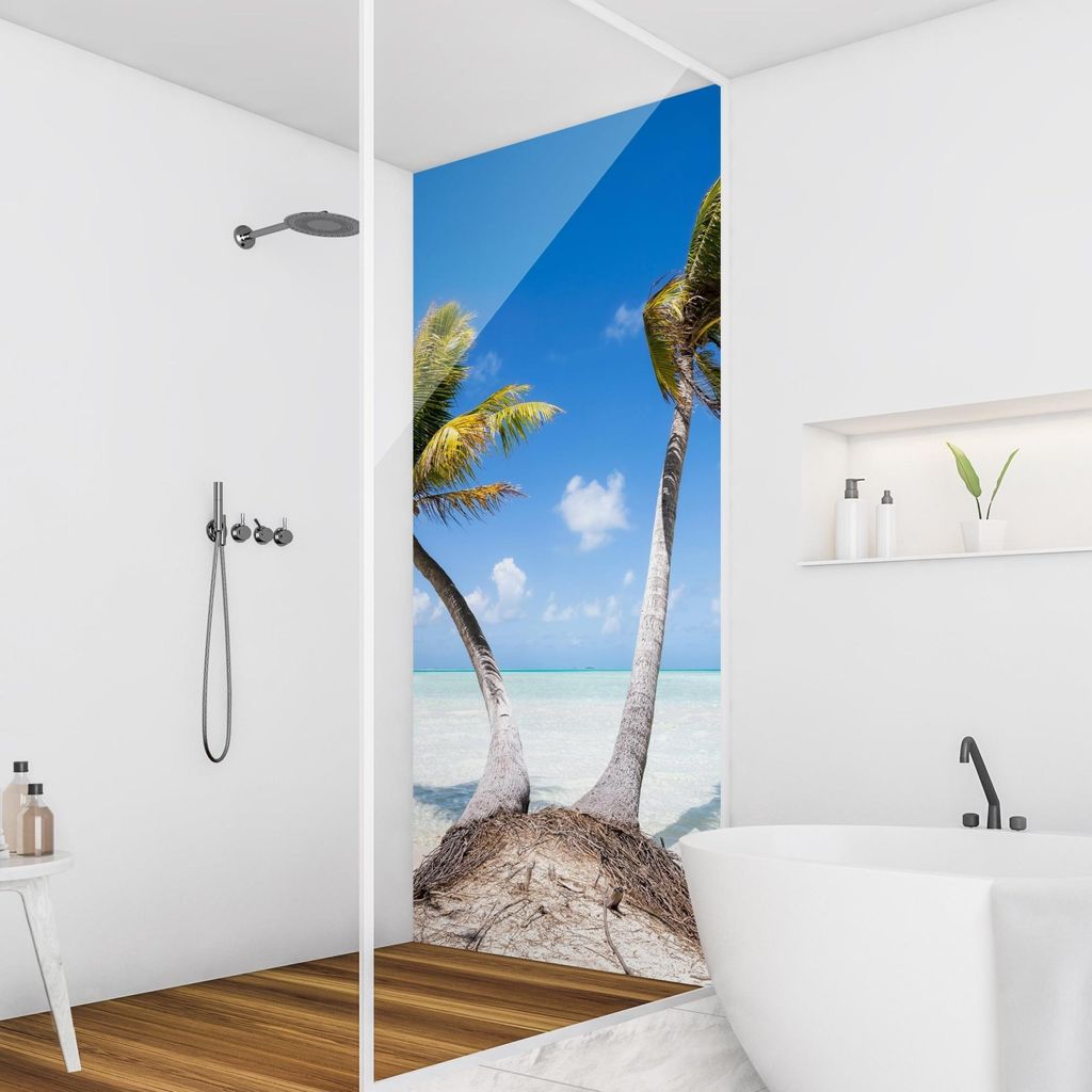 Duschrückwand Strand selbstklebend - 0.61 mm Wandpaneel wasserfest Palme blau Tropisch Badrückwand fugenlos Premium matt 80x200 cm