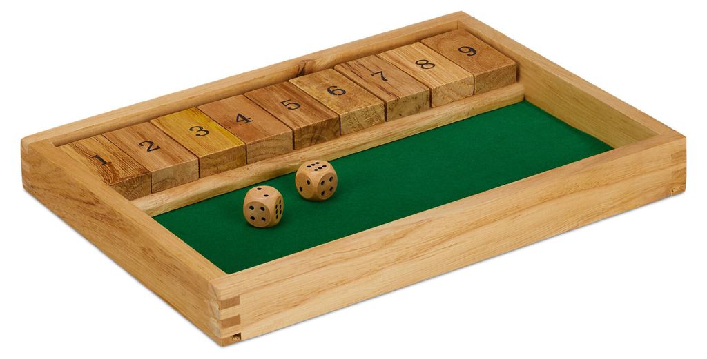 Relaxdays Shut The Box 9er, 2 Holzwürfel & Würfelbrett, für Produktbild 