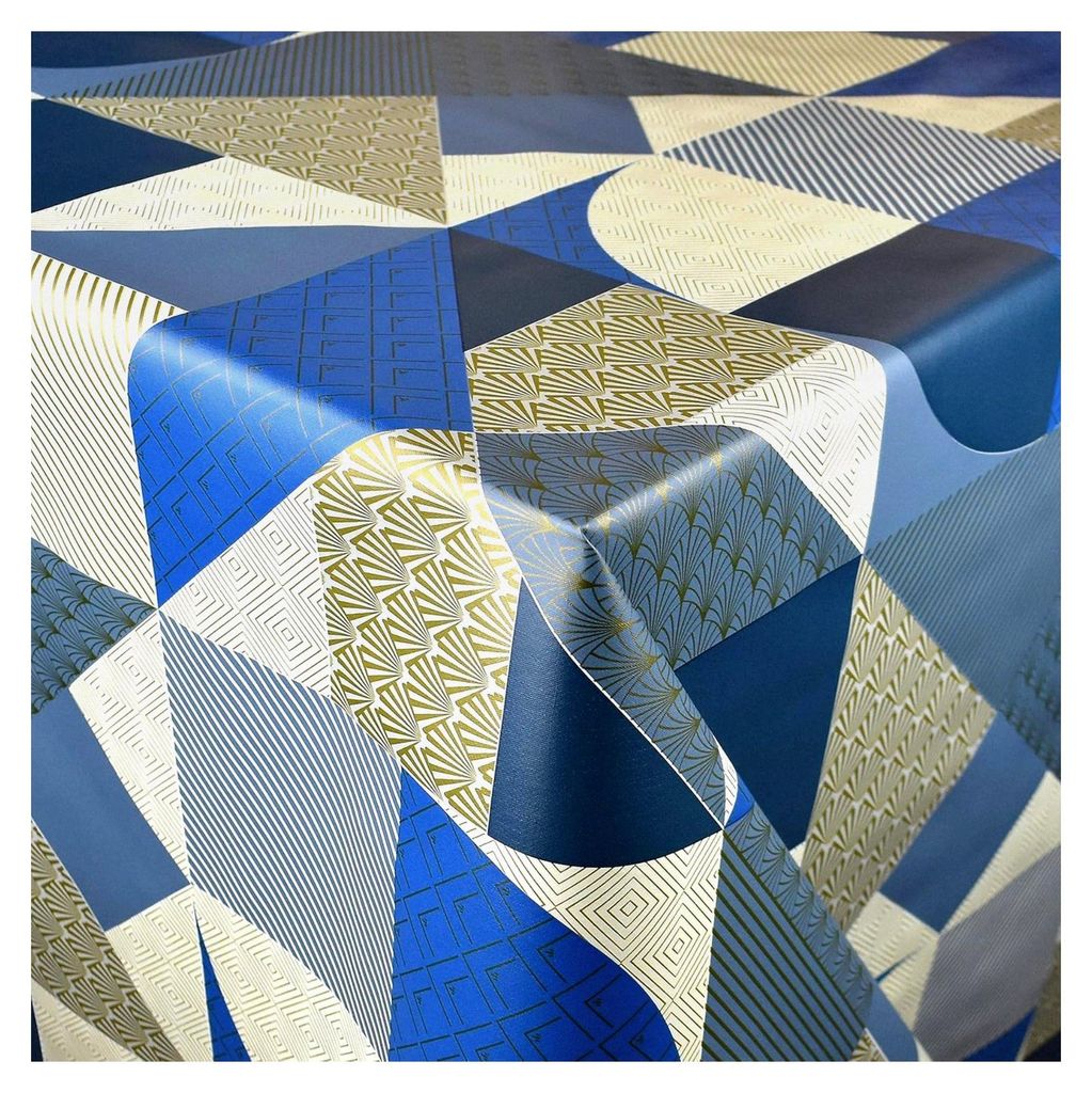 Wachstuch Tischdecke 160 cm Breite blau Gold beige wählbar in eckig rund oval (Rand: Schnittkante, 160 x 300 cm eckig)