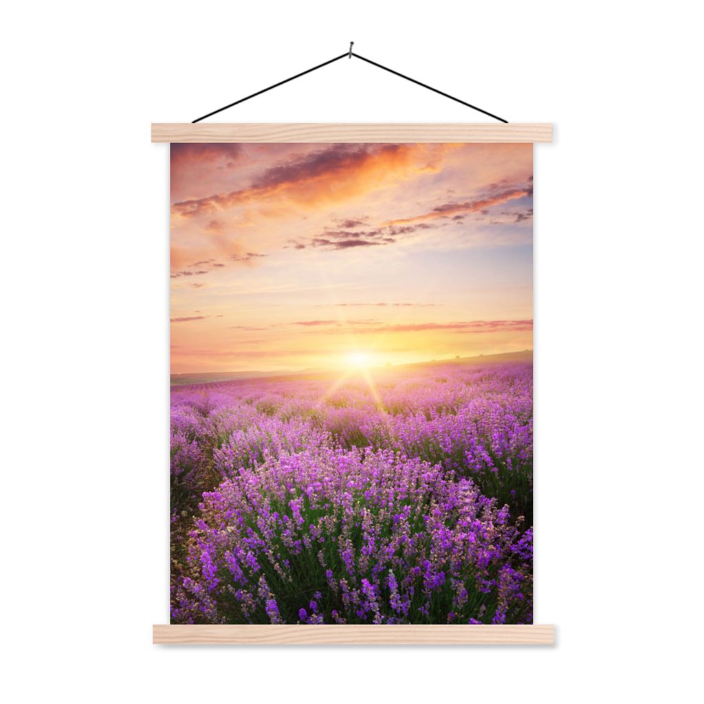 MuchoWow Textilposter Lavendel - Sonne - Blumen 40x53 cm mit holzfarbenen Rahmen - Schlafzimmer
