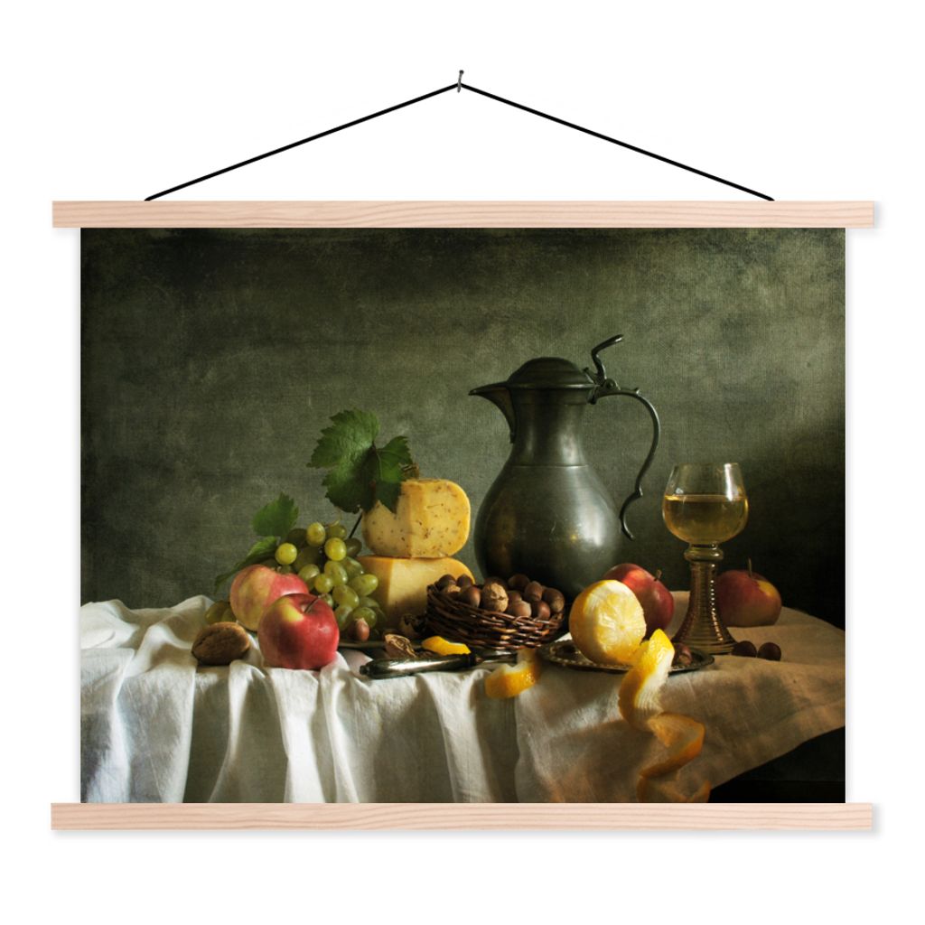 MuchoWow Textilposter Rustikal - Käse - Teekanne - Obst - Stilleben 120x90 cm mit holzfarbenen Rahmen - Magnetisch