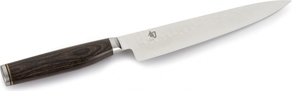 A chef's knife with a dark wooden handle is shown against a white background.