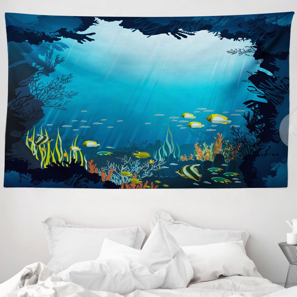ABAKUHAUS Ozean Wandteppich, Tropische Fische und Riffe aus Weiches Mikrofaser Stoff Waschbar ohne Verblassen Digitaldruck, 230 x 140 cm, Dunkelblau