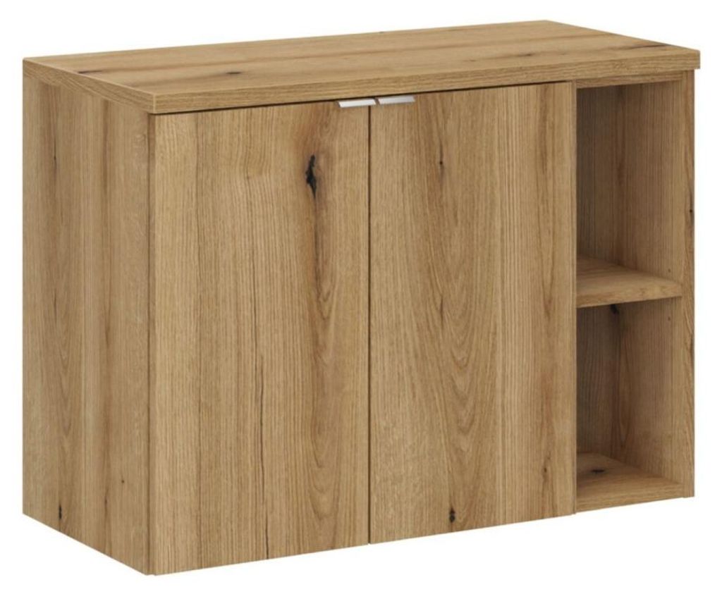 Hängendes Badezimmer-Set VANO in Eichenoptik 80cm: Unterschrank mit Schränken + offene Fächer + Platte für Waschbecken