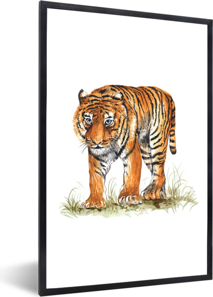 MuchoWow MuchoWow Gerahmtes Poster Tiger - Kopf - Gras 40x60 cm - Poster mit zchwarzem Bilderrahmen - Papierdruck - Wandbilder