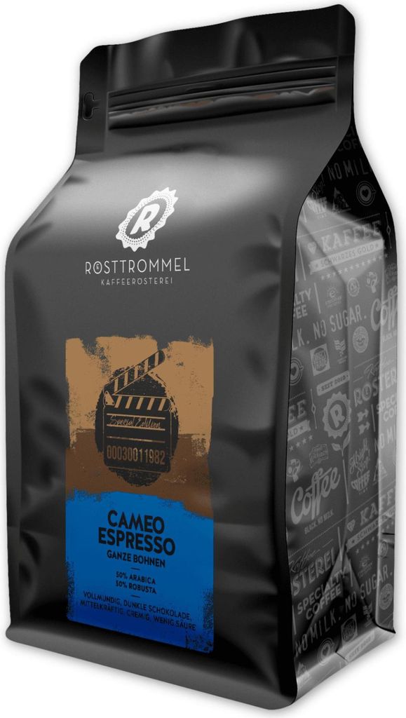 RÖSTTROMMEL Cameo, ESPRESSO, Ganze Kaffee-Bohnen 1kg, 50% Arabica, 50% Canephora, Röstung 8/10, 50% Brasilien, 50% Indien, Geschmack: Italienisch...
