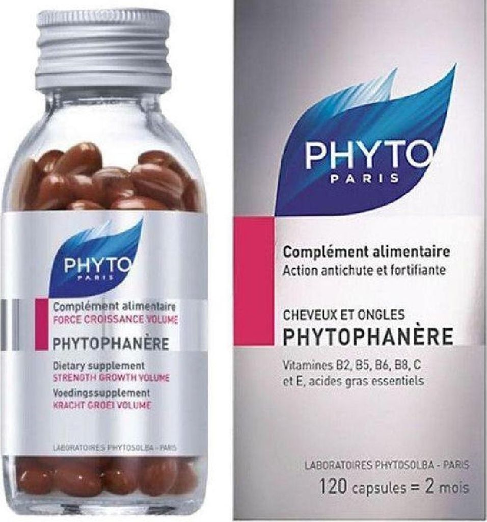 A product shot of a bottle of Phyto Phytophanere dietary supplement and its packaging.