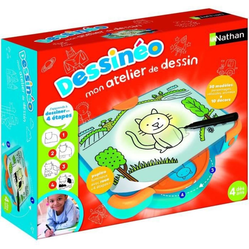 Nathan Dessinéo mon atelier de dessin 2.0, Zeichenschablonen-Set für Kinder, 4 Jahr(e), Batterien erforderlich, Karton, Kunststoff, Mehrfarbig