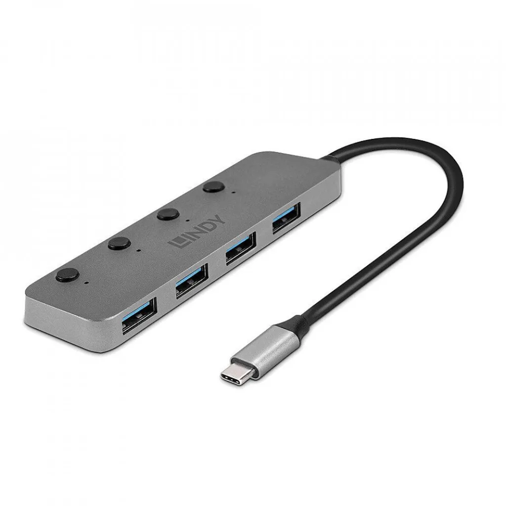 Hub USB C multiprise Lindy 43383 doté de 4 ports commutables séparément