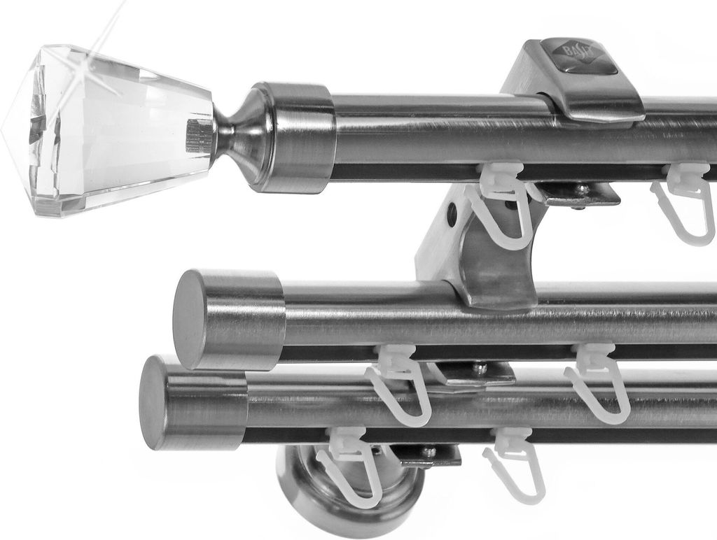 Innenlauf Edelstahl Look Gardinenstange 20mm Wandträger 3-läufig mit Kristall Knauf H60 E36E30 II+ 1x B20I