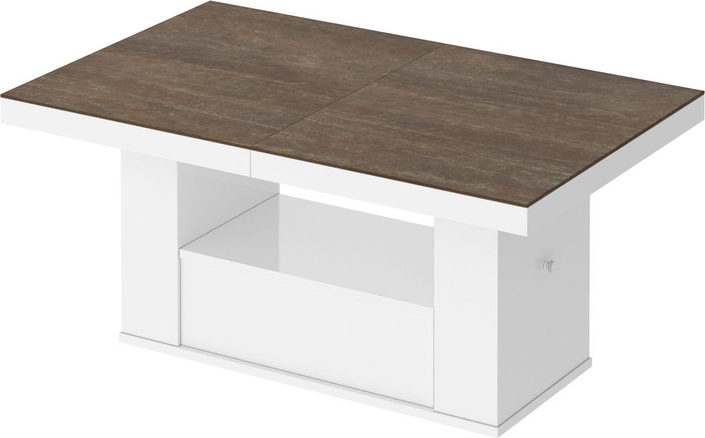Design Couchtisch Tisch HM-111 Rostoptik matt - Weiß Hochglanz Schublade höhenverstellbar ausziehbar Esstisch