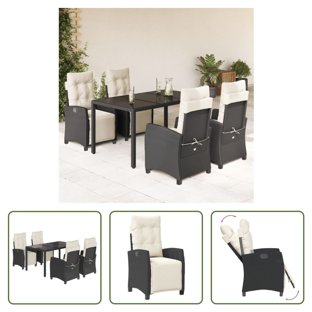 The Living Store 5-tlg. Garten-Essgruppe mit Kissen Schwarz Poly Rattan