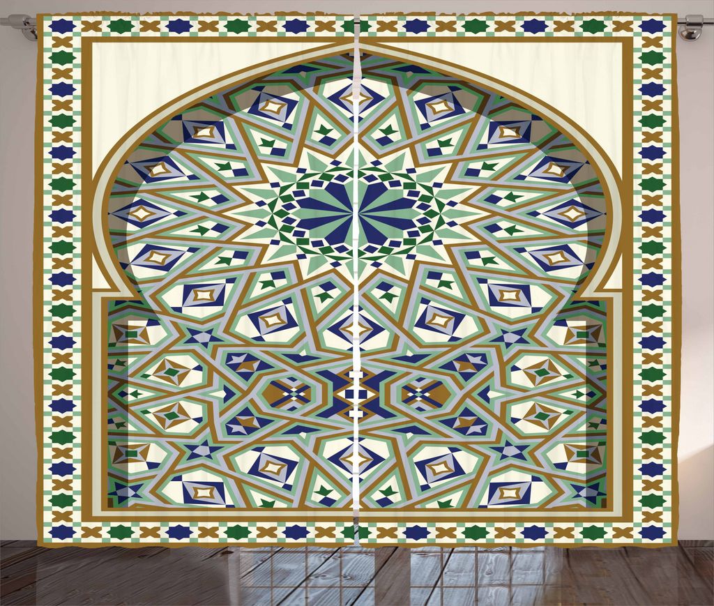 ABAKUHAUS Türkisch-Muster Rustikaler Gardine, Bogen, Schlafzimmer Kräuselband Vorhang mit Schlaufen und Haken, 280 x 175 cm, Caramel Grün Indigo