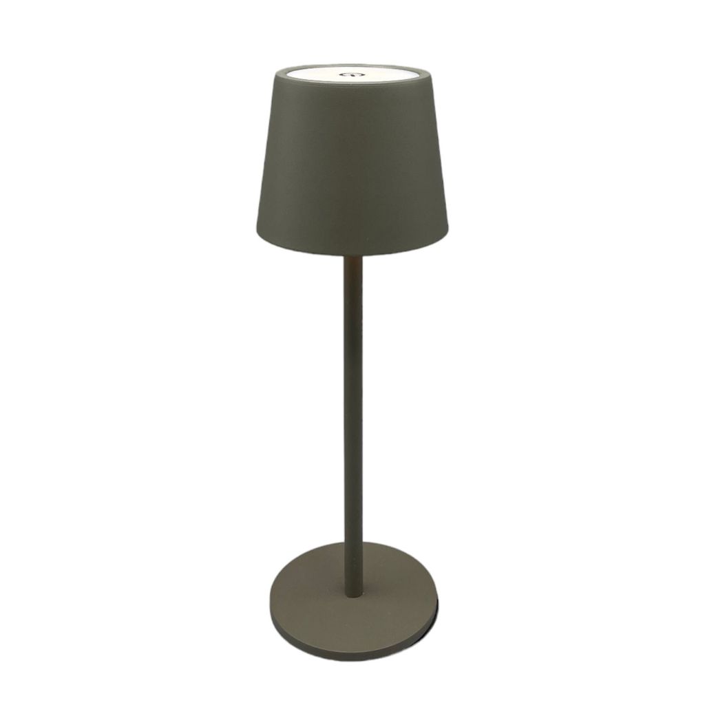A taupe-colored table lamp with a conical shade and a round base, presented on a white background.