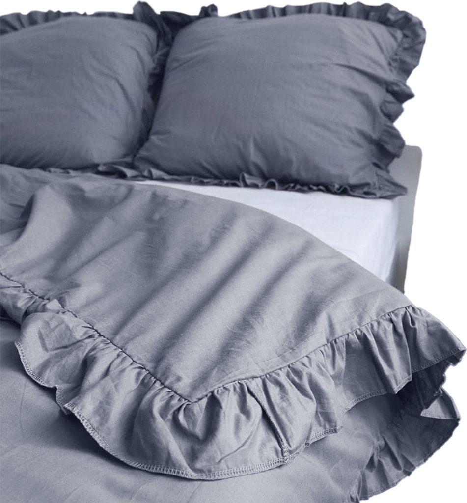 Baumwolle Bettwäsche Mit Rüschen Set Bettdeckenbezug 160X200 Cm + 2 Kissenbezüge 70X80 Cm Dunkelgrau
