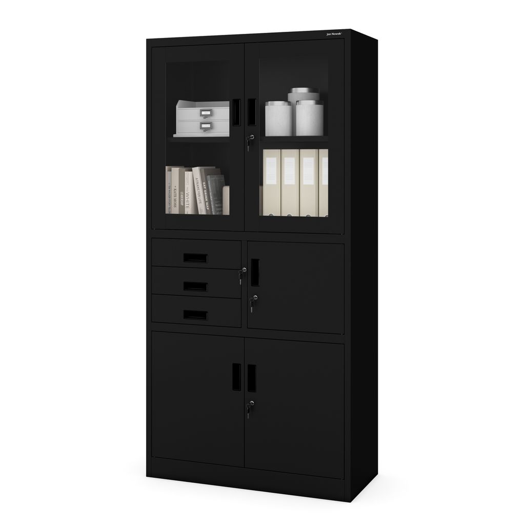 Aktenschrank C018S Büroschrank Metallschrank Tresor Safe Geheimfach Schubladen Pulverbeschichtung 185 cm x 90 cm x 40 cm (H x B x T), Farbe: Schwarz