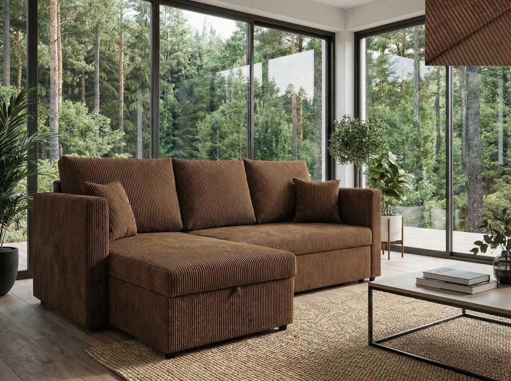 Ecksofa PISA Nordelo 146×220×90 cm universell L/R, ausziehbar, Schlaffunktion 140×200, Bettkasten, Stoff Apollo Cord 06 BRAUN