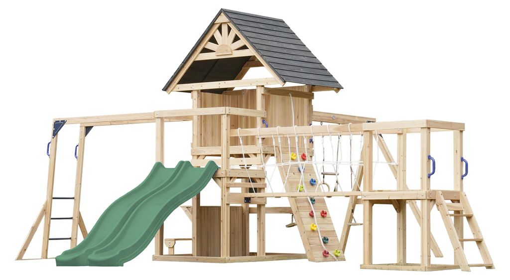 AXI Hunter Spielturm aus Holz mit 2 Schaukeln & doppelter Rutsche in Grün | XXL Spielhaus / Spielplatz für Kinder mit Klettergerüst, Kletterbrü...