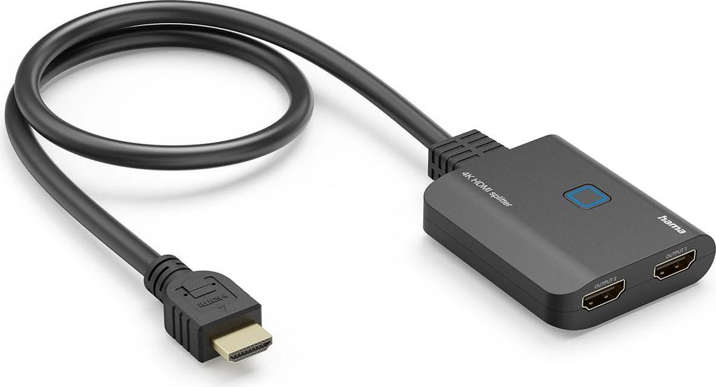 A black HDMI splitter with two HDMI output ports and one input port, shown on a white background.