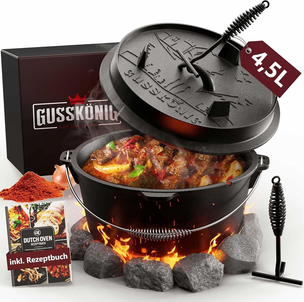 GUSSKÖNIG Dutch Oven Set 4.5 Liter Feuertopf Gusseisen mit Füßen inkl. 2in1 Deckelheber Rezeptbuch