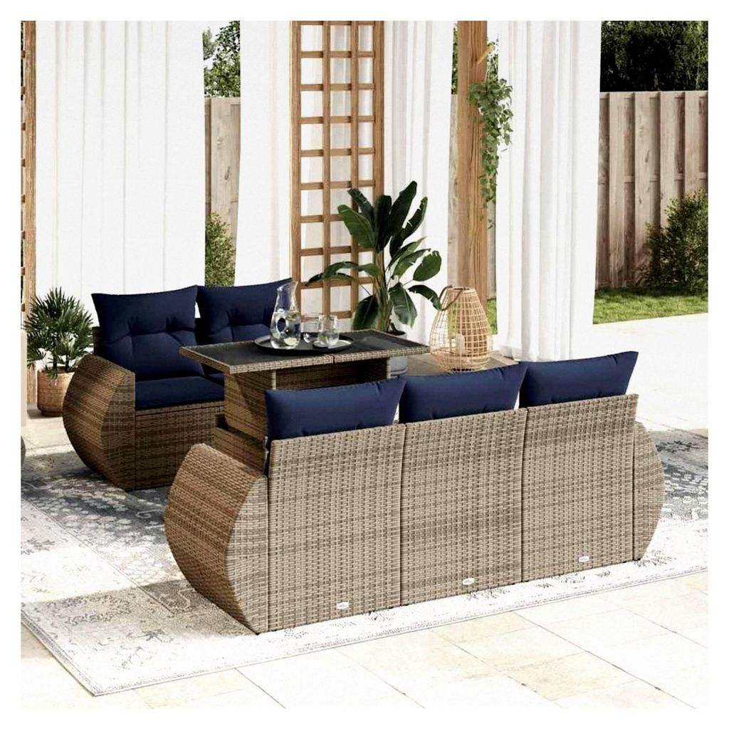 Gartensofa-Set mit 6 Teilen und Kissen, grau, Polyrattan, Akazie, für den Außenbereich