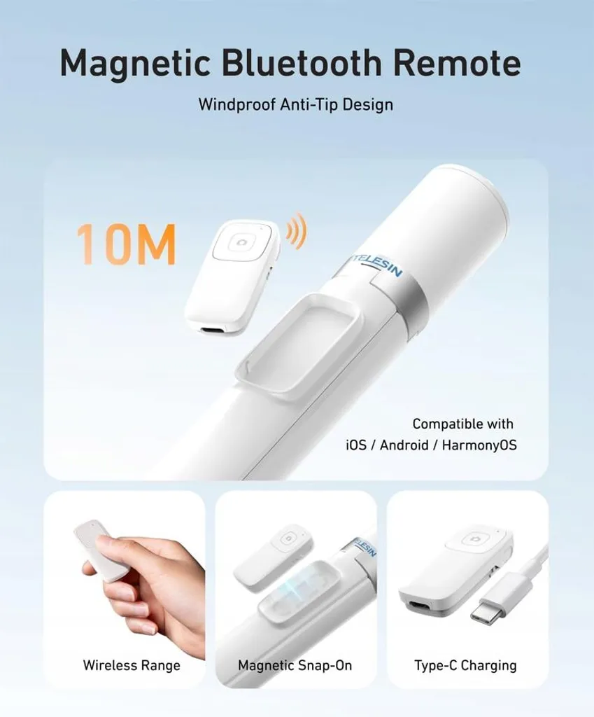 Bâton à selfie 1,8 m avec trépied stable et télécommande Bluetooth noir - 7