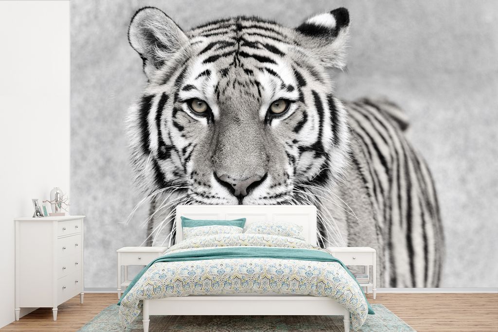 MuchoWow Fototapete für Wohnzimmer oder Schlafzimmer Wandtapete Vinyl Motivtapete Tiger - Natur - Schwarz - Weiß - 360x240 cm - Vinyl-Tapete